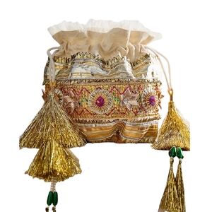 Free People Seasons Sparkle Beaded Mini Pouch Boho Fringe Drawstring NWT